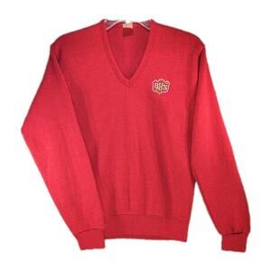 Vintage Champion V-neck Sweater Men's Small Red Uniform Crest BHS